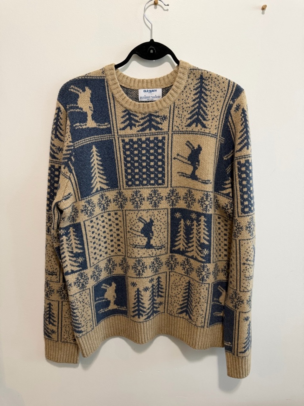 Old Navy Tan and Navy Ski-Pattern Crewneck Sweater